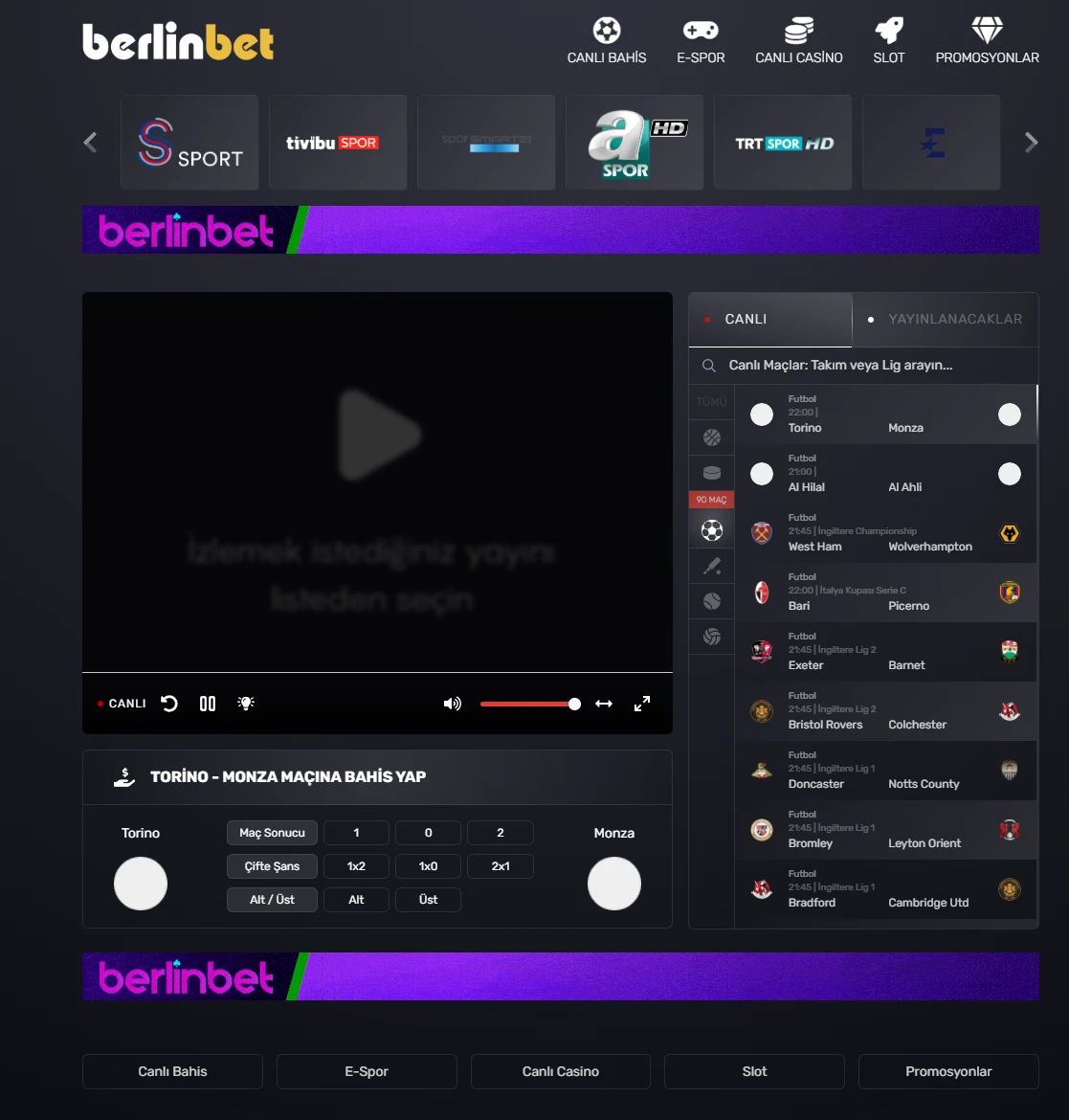 Berlinbet TV ekran görüntüsü